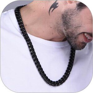 Men's Black 14mm Miami Cuban Stainless Steel 14K Gold Plated Curb Chain Necklace